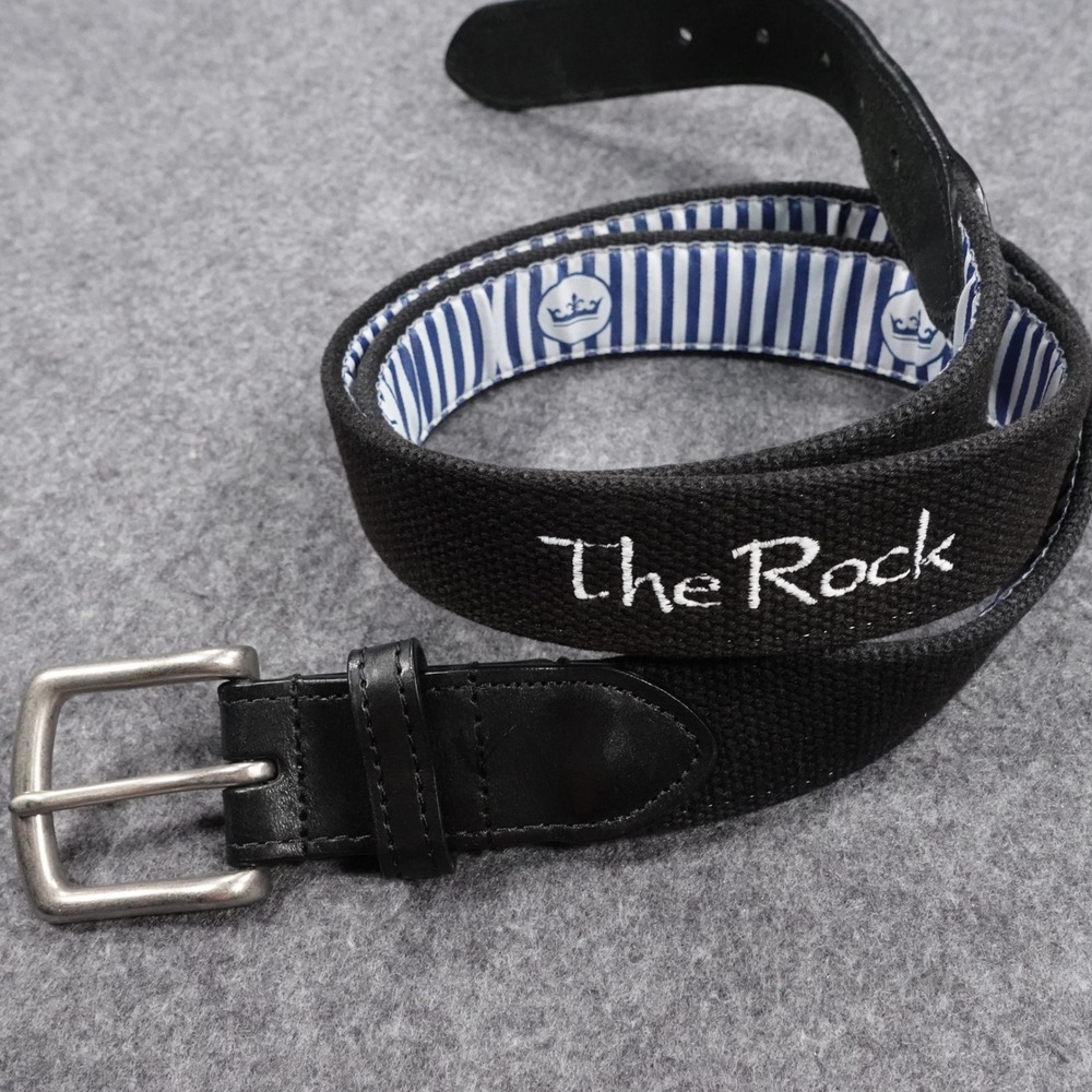 The Rock Mens Black Canvas Leather Trim Embroidered Belt Size 42 Made in USA